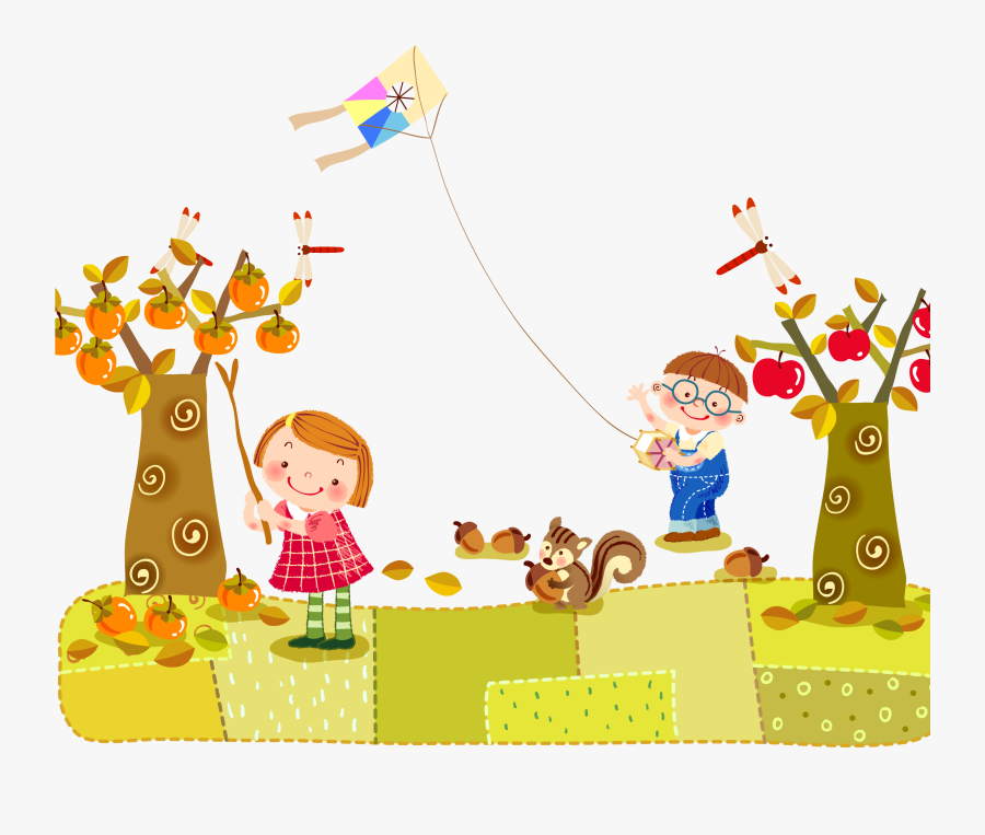 Clip Art Child Autumn Flying Kites - Kids Autumn Illustration, Transparent Clipart