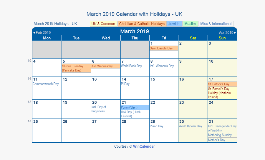March 2019 Calendar Uk With Holidays - Holidays In March 2019, Transparent Clipart