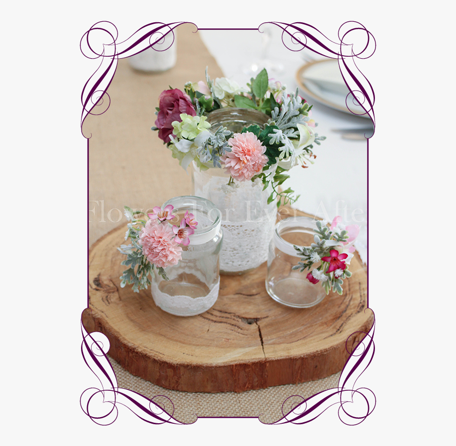 Set Of 3 Pink & White Rustic Floral Jar Centerpiece - Artificial Flower, Transparent Clipart