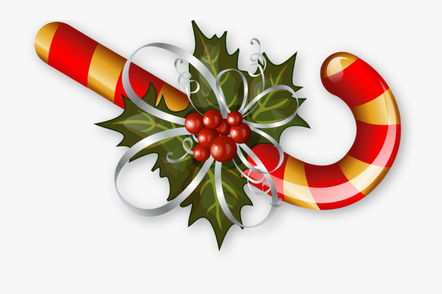 Christmas Candy Cane With Poinsettia, Transparent Clipart