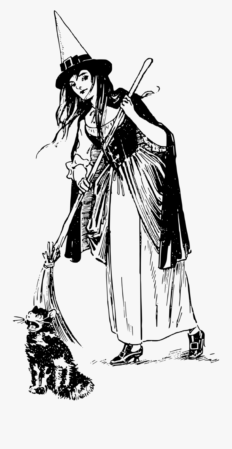 Pretty Witch With Cat - Public Domain Witch Illustrations, Transparent Clipart