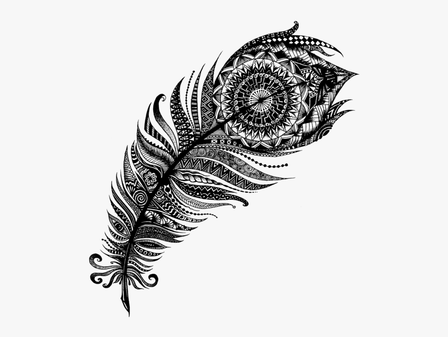 Zentangle Feather - Black And White Peacock Feather Tattoo, Transparent Clipart
