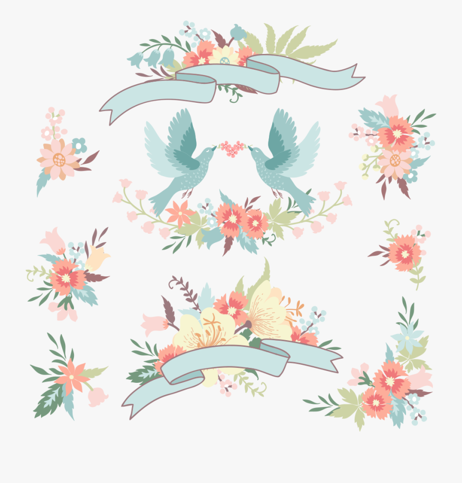 Flower Love Wedding Vector Invitation Flowers Birds - طرح پرنده با روبان, Transparent Clipart
