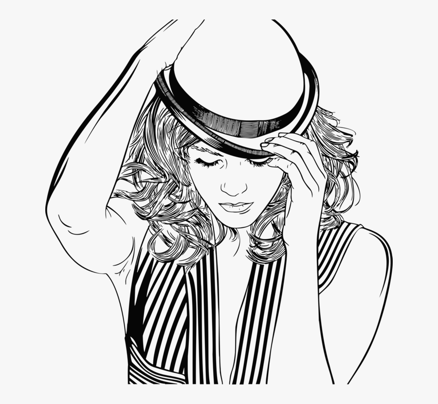 Emotion,art,monochrome Photography - Woman In Big Hat Black And White Clipart, Transparent Clipart