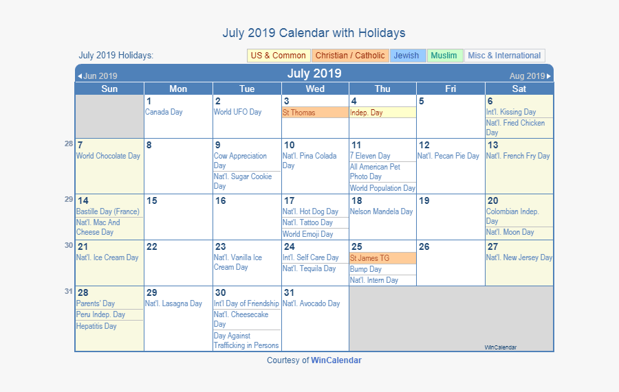 June 2019 Calendar With Holidays - July 2019 Holiday Calendar, Transparent Clipart