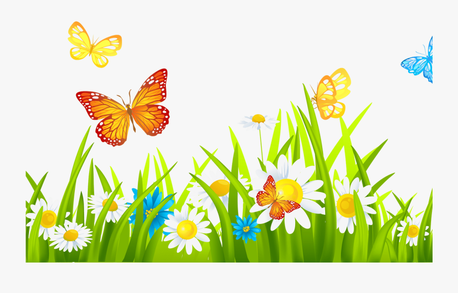 Transparent Spring Flowers And Butterflies Clipart - Grass With Flowers Clipart Png, Transparent Clipart