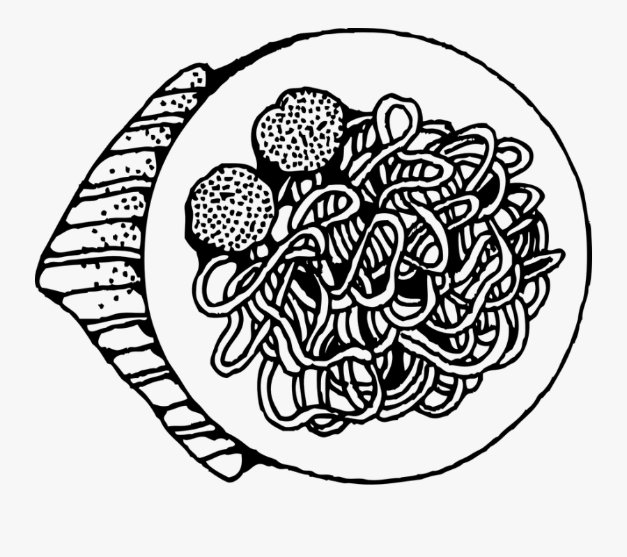 Spaghetti, Italian, Meatballs, Pasta, Basil, Noodles - Pasta Black And White, Transparent Clipart