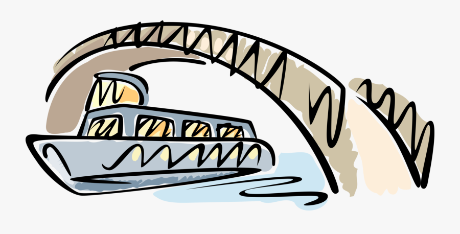 Vector Illustration Of Tourist Sightseeing Passenger - Boat Under Bridge Clipart, Transparent Clipart