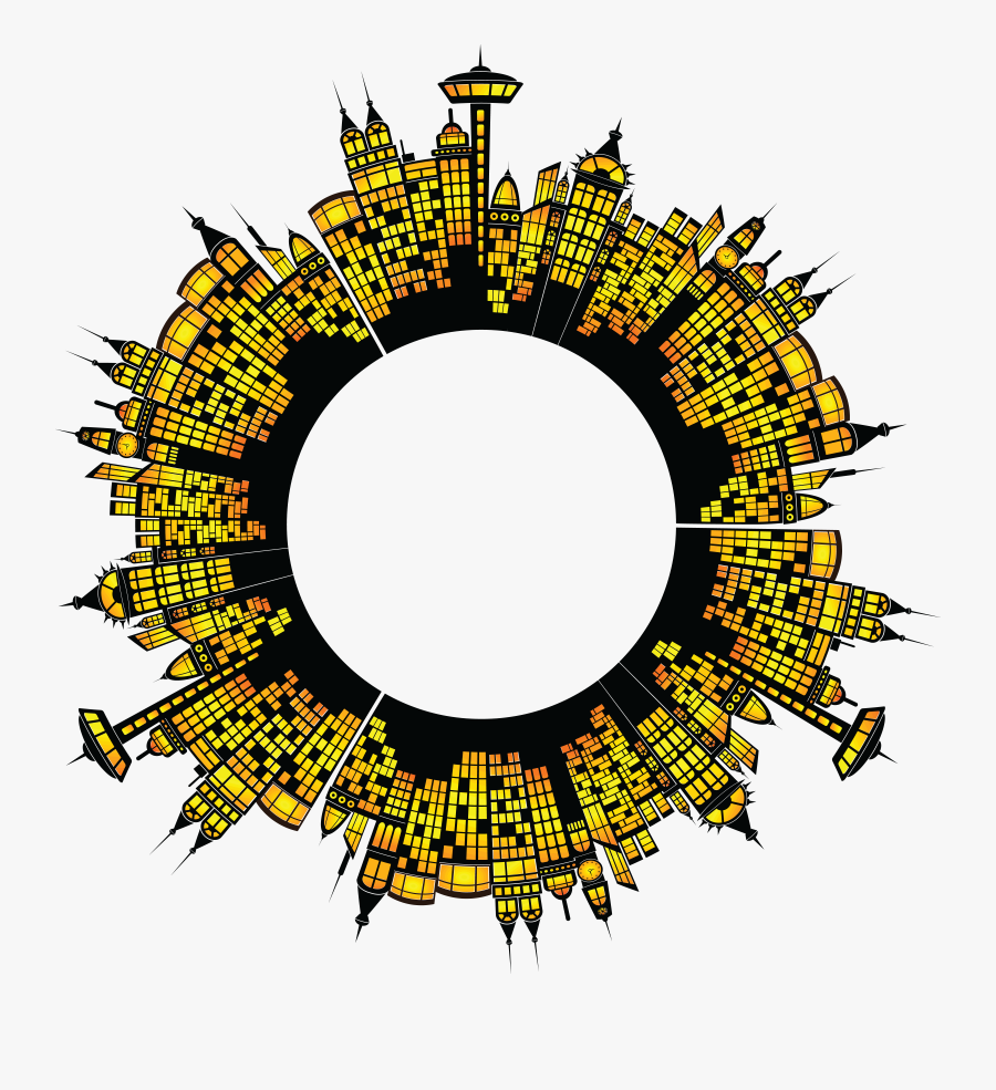 Free Clipart Of A Round Frame Of Glowing City Buildings - Round City Picture Transparent, Transparent Clipart