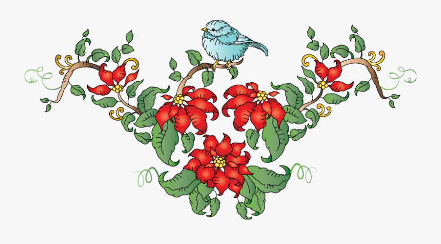 Winter Birds And Poinsettias, Transparent Clipart