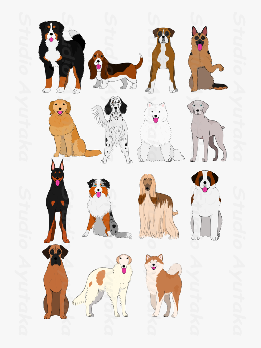 Group Of Large And Middle Dogs Breeds Hand Drawn - Watercolor Dog Clipart, Transparent Clipart
