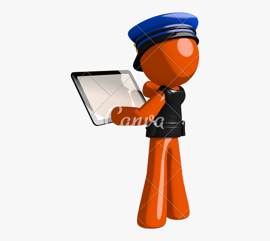 Orange Man Police Officer Viewing Tablet Computer Back - Police Cartoon With Tablet, Transparent Clipart