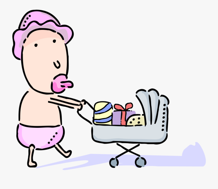 Vector Illustration Of Newborn Infant Baby Pushes Pram - Baby Girl Clip Art, Transparent Clipart