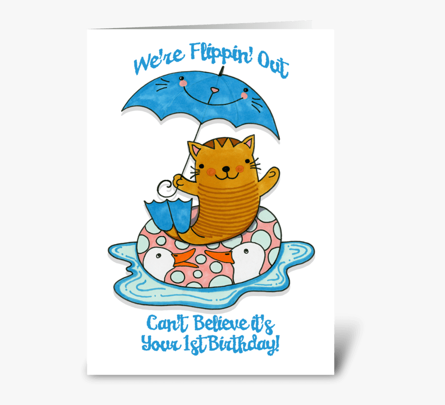 First Birthday Cat Wearing Flippers Greeting Card - Cartoon, Transparent Clipart