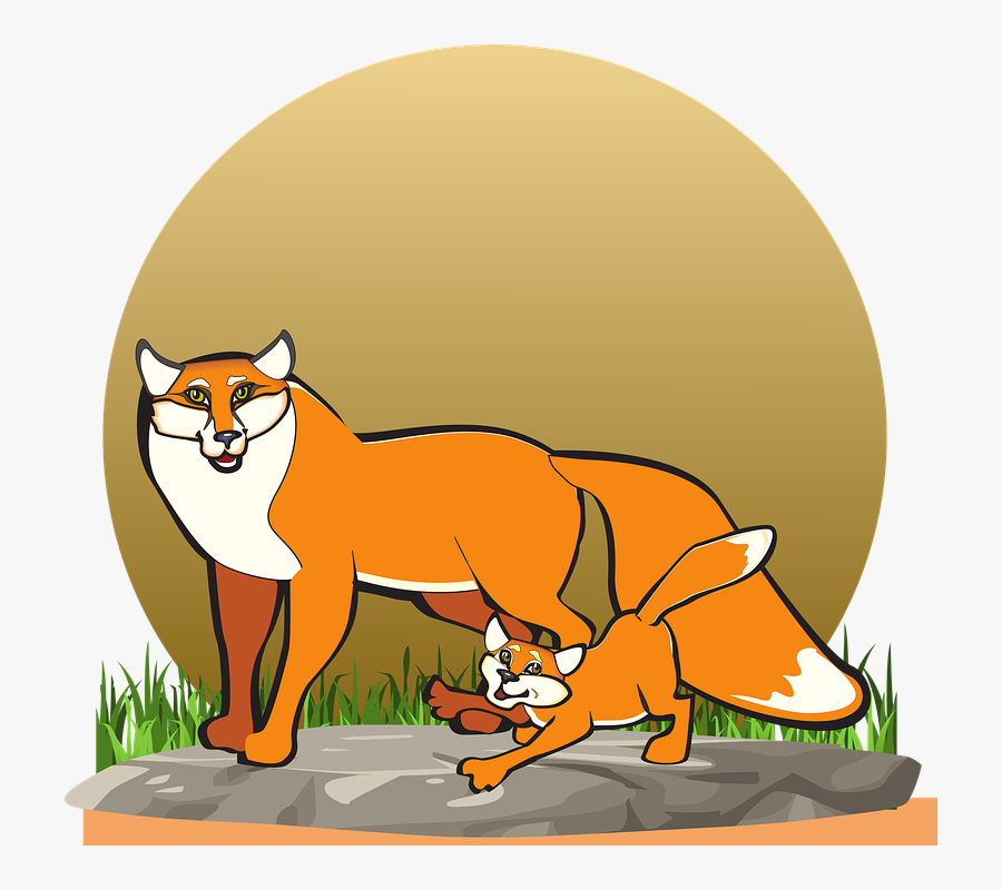 Fox, Fox With Cub, Mammal, Wildlife, Cute, Young - Cartoon, Transparent Clipart