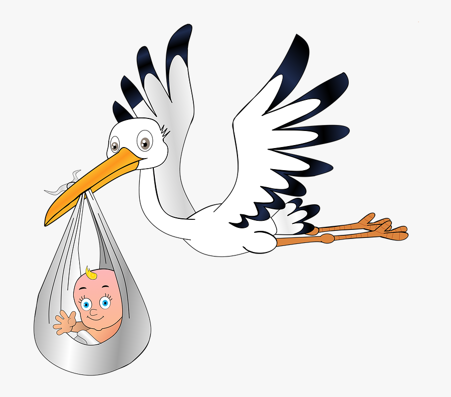 Stork, Baby, Birth, Young, Pregnant, Sky, Rattle Stork - Comic Baby Silhouette, Transparent Clipart