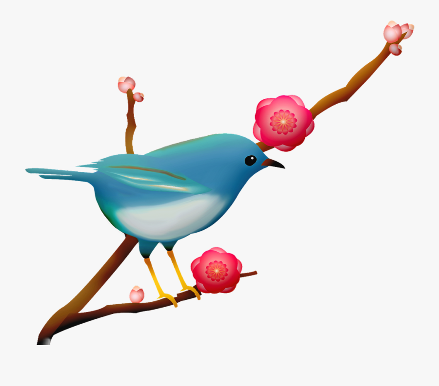 Blue Bird, Sakura Branch, Bird On Branch, Pink Flower - Bluebird, Transparent Clipart