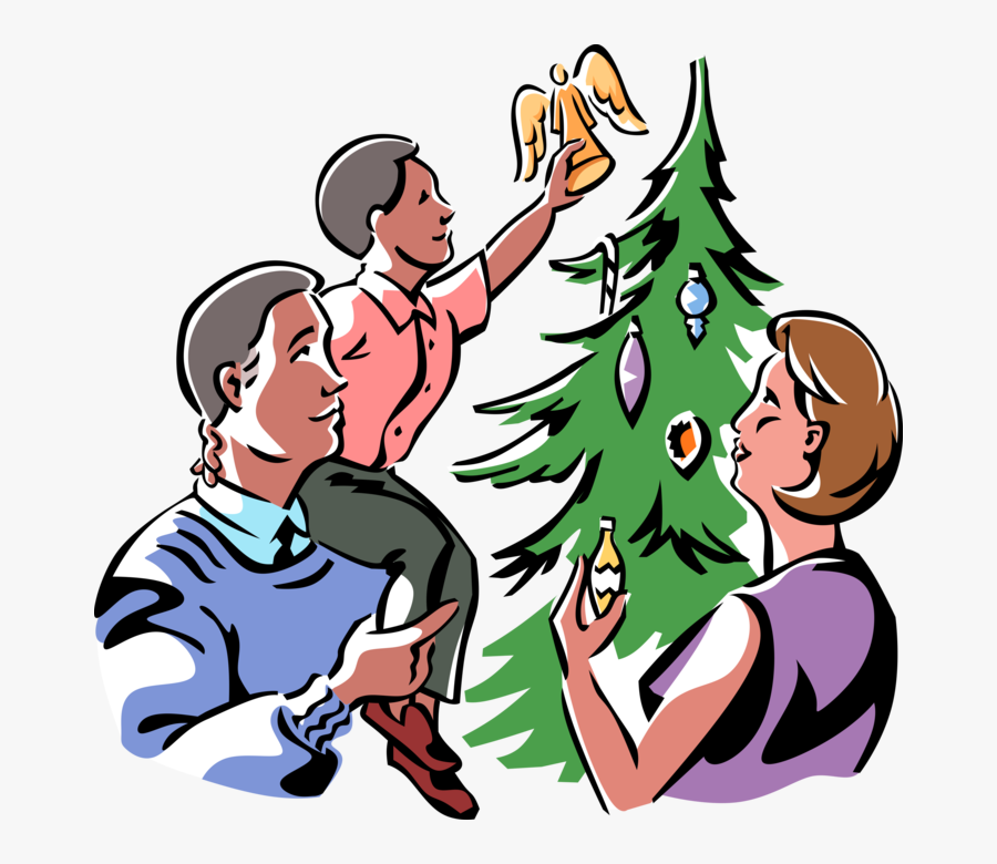 Vector Illustration Of Family Places Angel Decoration - Putting Angel On Christmas Tree, Transparent Clipart