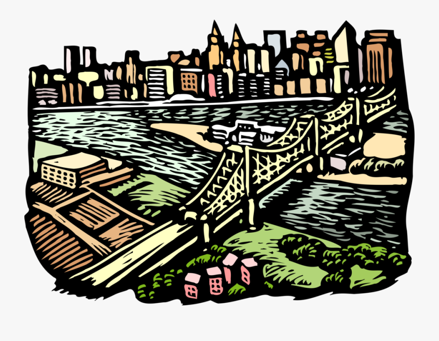 Vector Illustration Of Suspension Bridge With City, Transparent Clipart