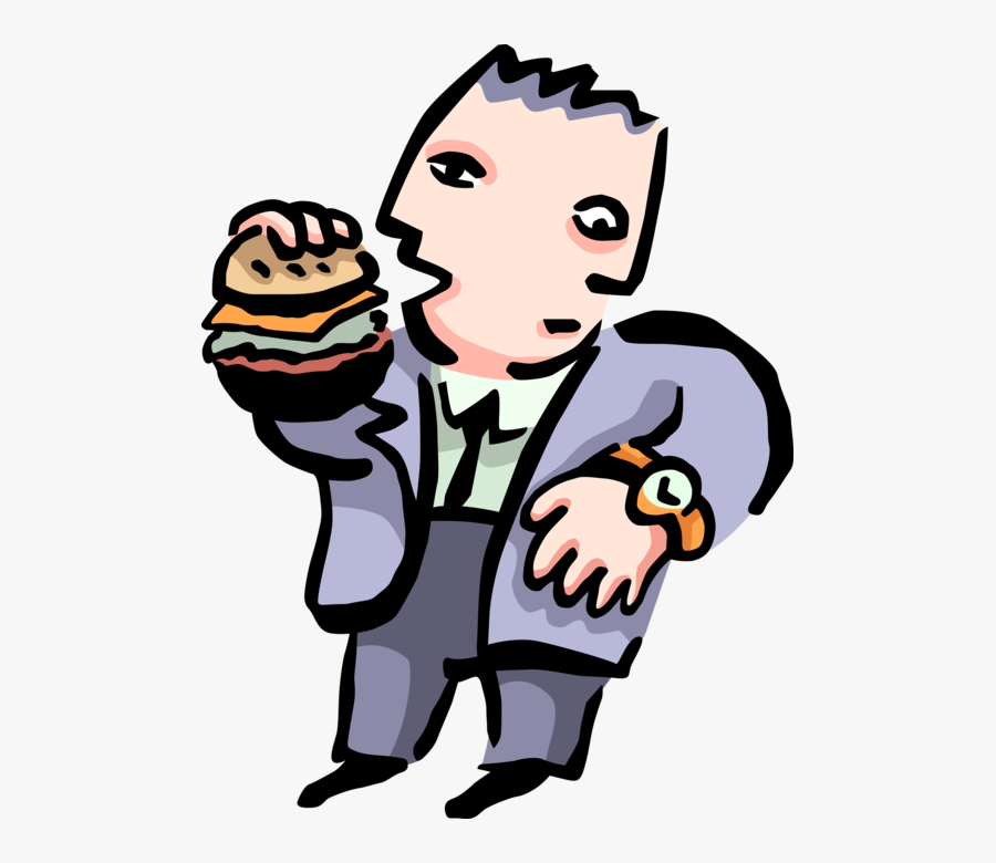 Vector Illustration Of Businessman Grabs Quick Hamburger, Transparent Clipart