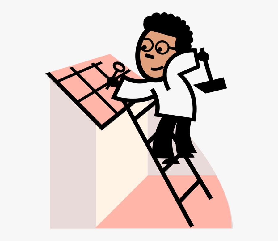 Vector Illustration Of Construction Roofer On Ladder - Clip Art, Transparent Clipart