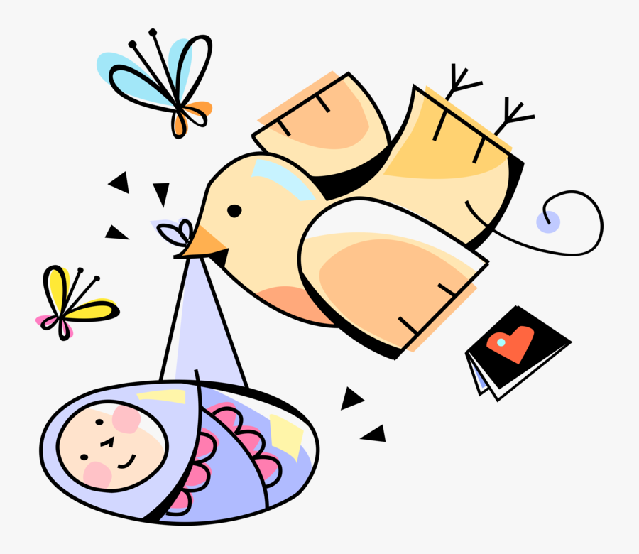 Vector Illustration Of Flying Bird Delivers Newborn - Baby Shower, Transparent Clipart