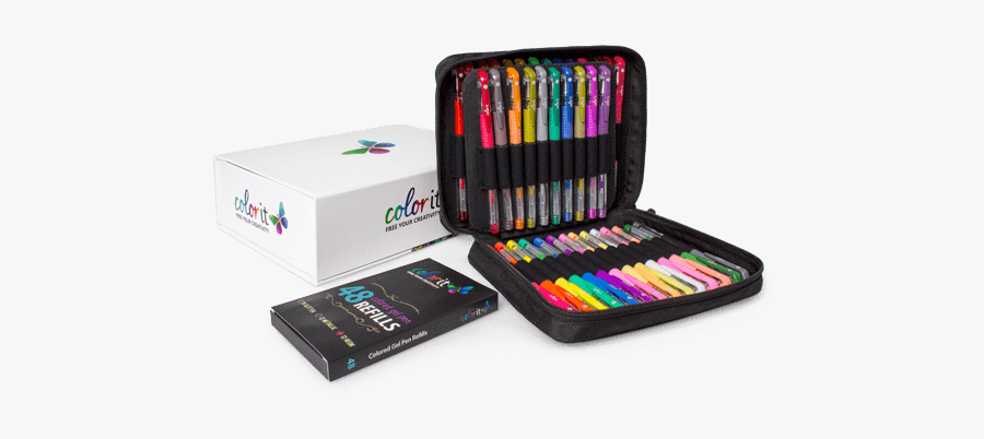 48 Colored Gel Pen Set, 48 Ink Refills, Travel Case - Coloring Book Gel Pen Sets, Transparent Clipart