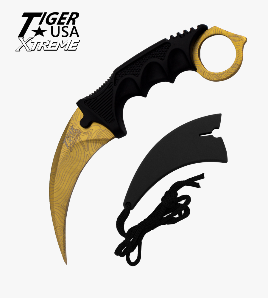 Gold Damascus Fixed Blade Neck Knife With Sheath Clipart - Karambit Gold, Transparent Clipart