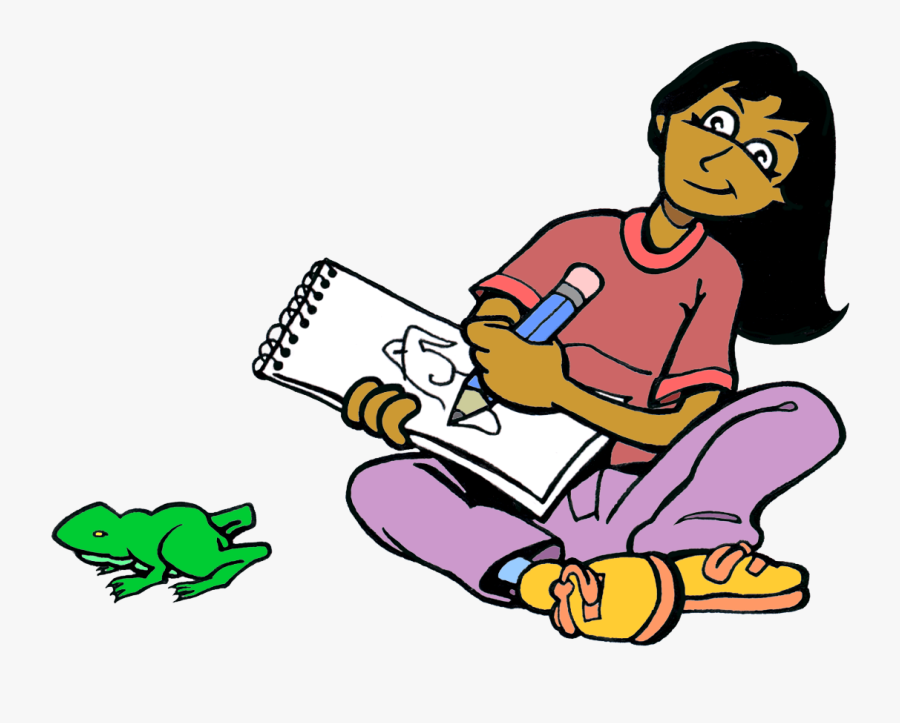 Drawing Of A Girl Observing A Green Frog On The Floor - Cartoon, Transparent Clipart