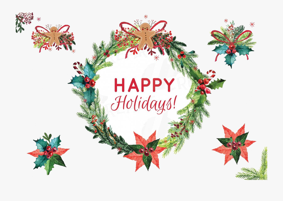 Holiday Christmas Wreath Clip Art Watercolor Pine Wood - Happy Holidays Wreath Clip Art, Transparent Clipart