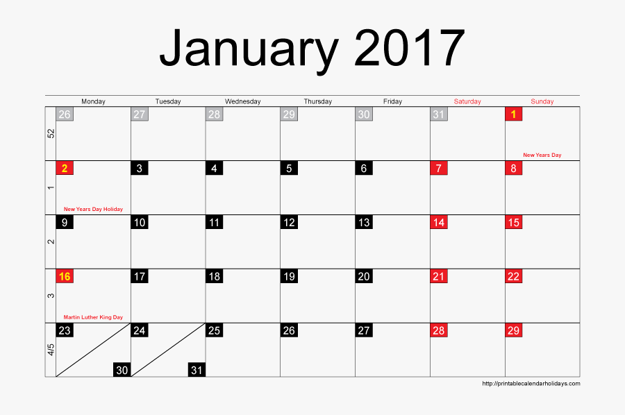 Blank Printable January 2017 Calendar - Many Days Are In January 2018, Transparent Clipart