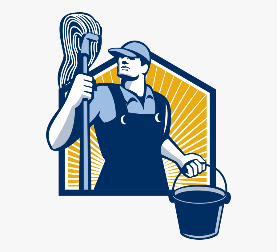 Janitor Cleaner Holding Mop Bucket Retro Flask, Transparent Clipart