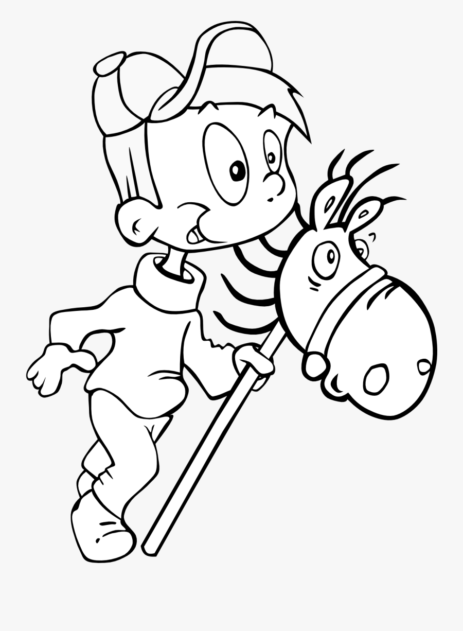 Boy On Toy Horse Black White Line Art 555px - Boy And Toy Clip Art Black And White, Transparent Clipart