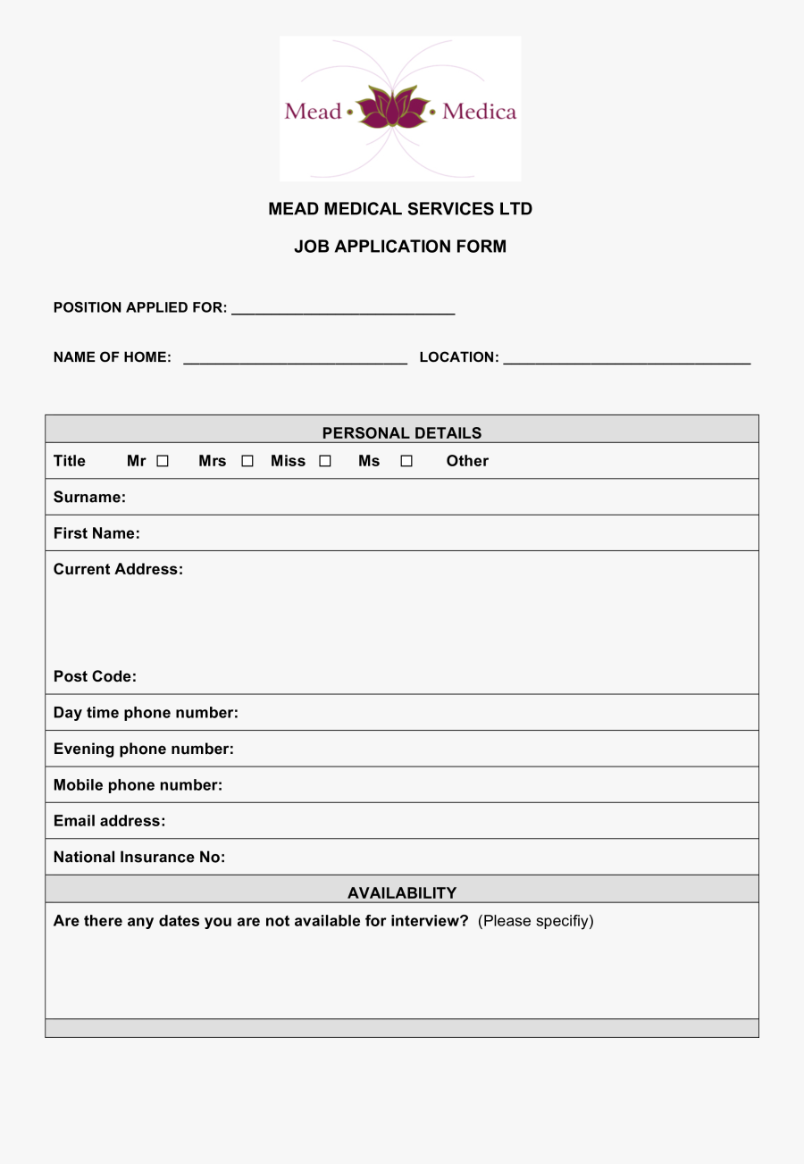 Clip Art Job Application Template - Job Application Form Template Medical, Transparent Clipart