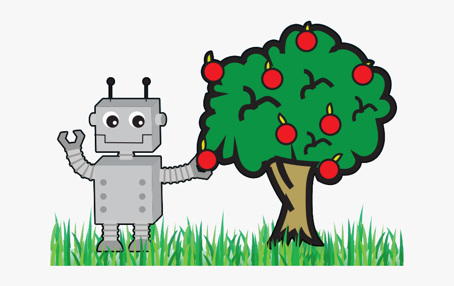 Robot Picking Low Hanging Apple Off Tree - Cartoon, Transparent Clipart