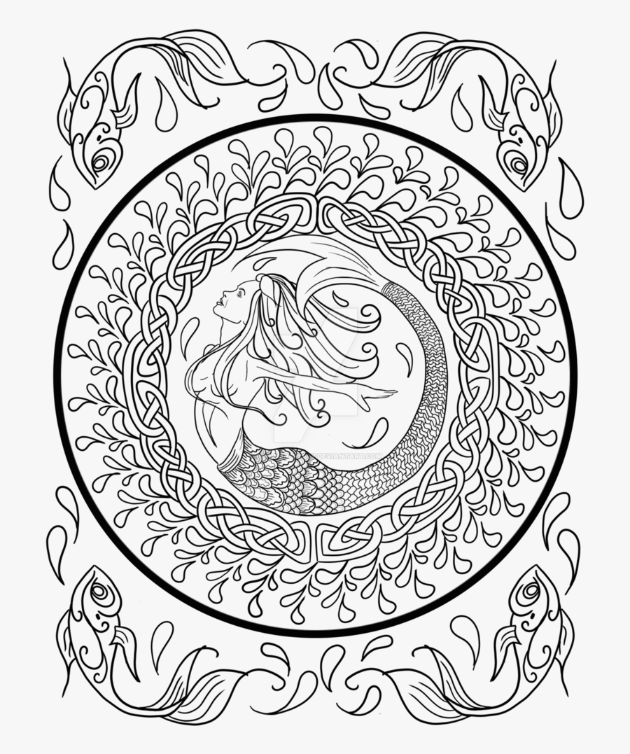 Mermaid In Celtic Knot Adult Coloring Page - Rubber Stamp Round Design, Transparent Clipart
