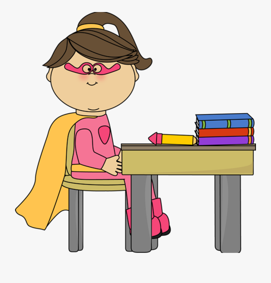 Girl Superhero At School Desk - Superhero At School, Transparent Clipart