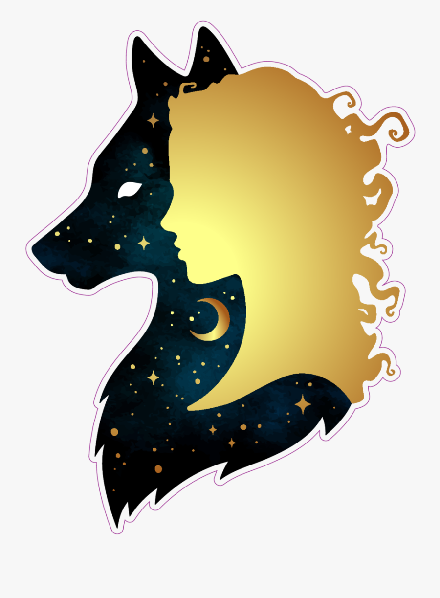 Gold Woman And Space Wolf Silhouettes Sticker Wolf - Female Wolf Head Silhouette, Transparent Clipart