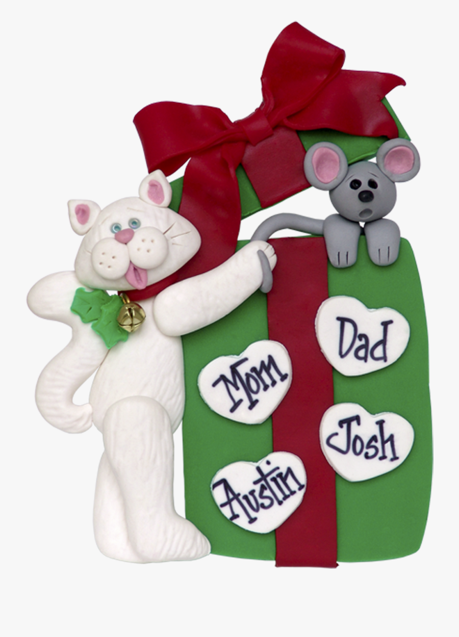 Cat With Gift Box & 4 Hearts Personalized Ornament - Cartoon, Transparent Clipart