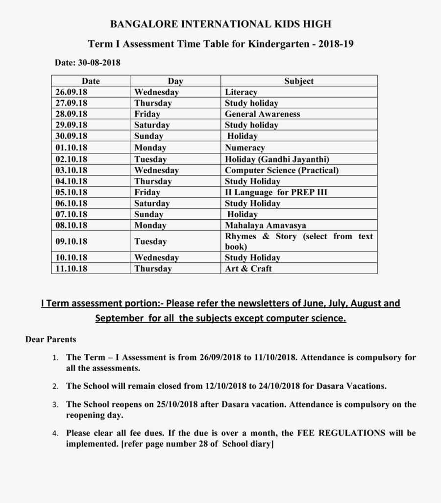 Term I Assessment Time Table Kindergarten 2018-19 - Release Passport April 2019, Transparent Clipart