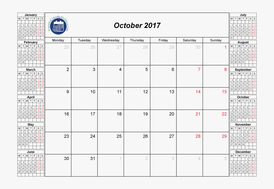 Clip Art Calendar Template 2017 Monthly - 2017 Calendar Of The Month October, Transparent Clipart