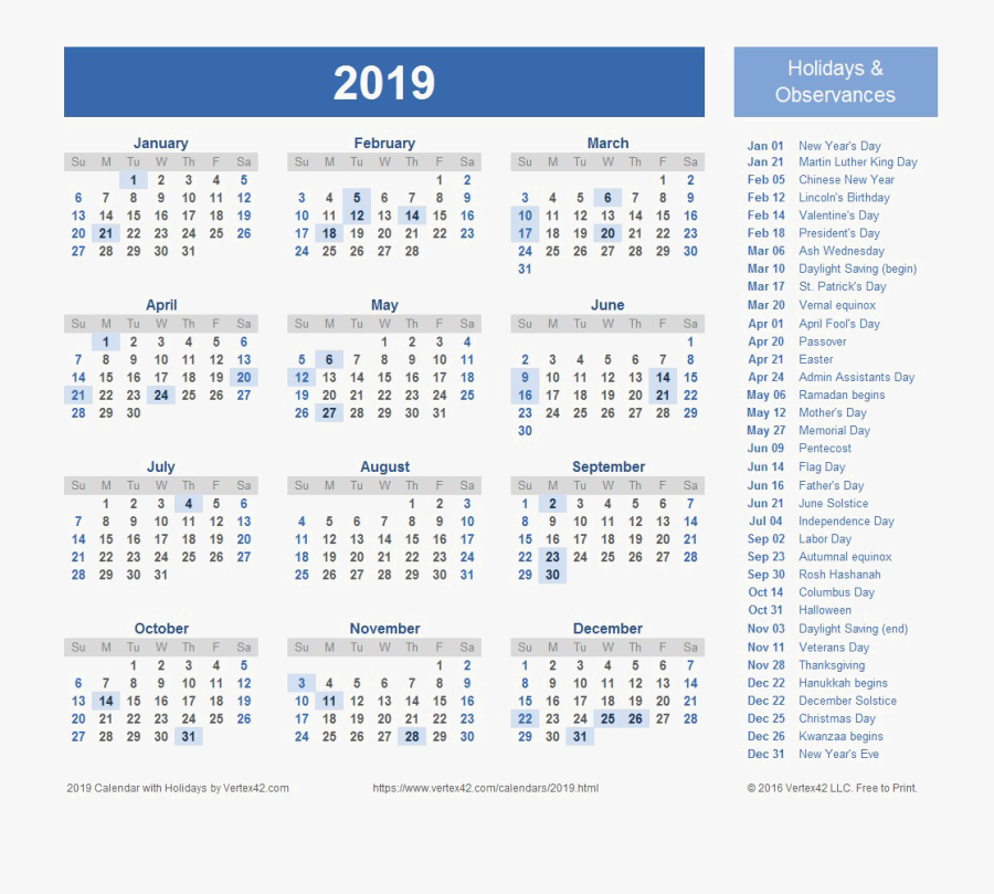 2019 Calendar Png Hd - Free Printable 2020 Calendar With Holidays, Transparent Clipart