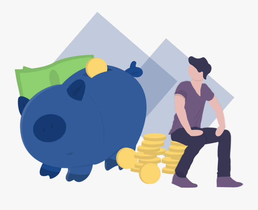 Man Sitting Down And Staring At A Piggy Bank With Money - Making Money Is Learning Vector, Transparent Clipart