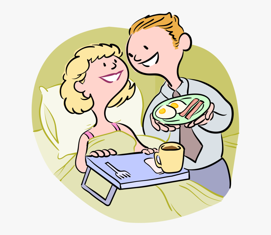 Vector Illustration Of Husband Serves Wife Bacon And - Breakfast In Bed Clipart, Transparent Clipart