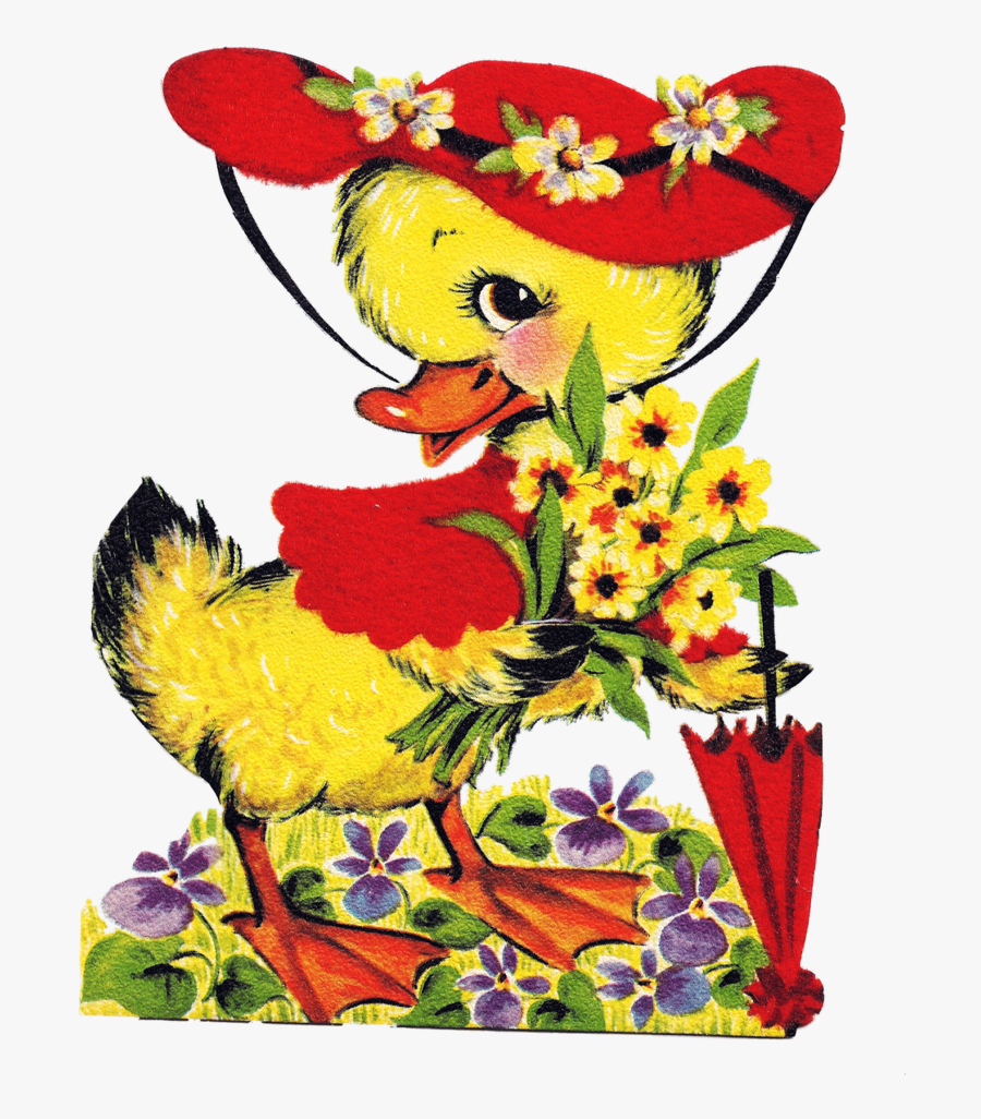 Duck With Red Hat And Umbrella - Clip Art, Transparent Clipart
