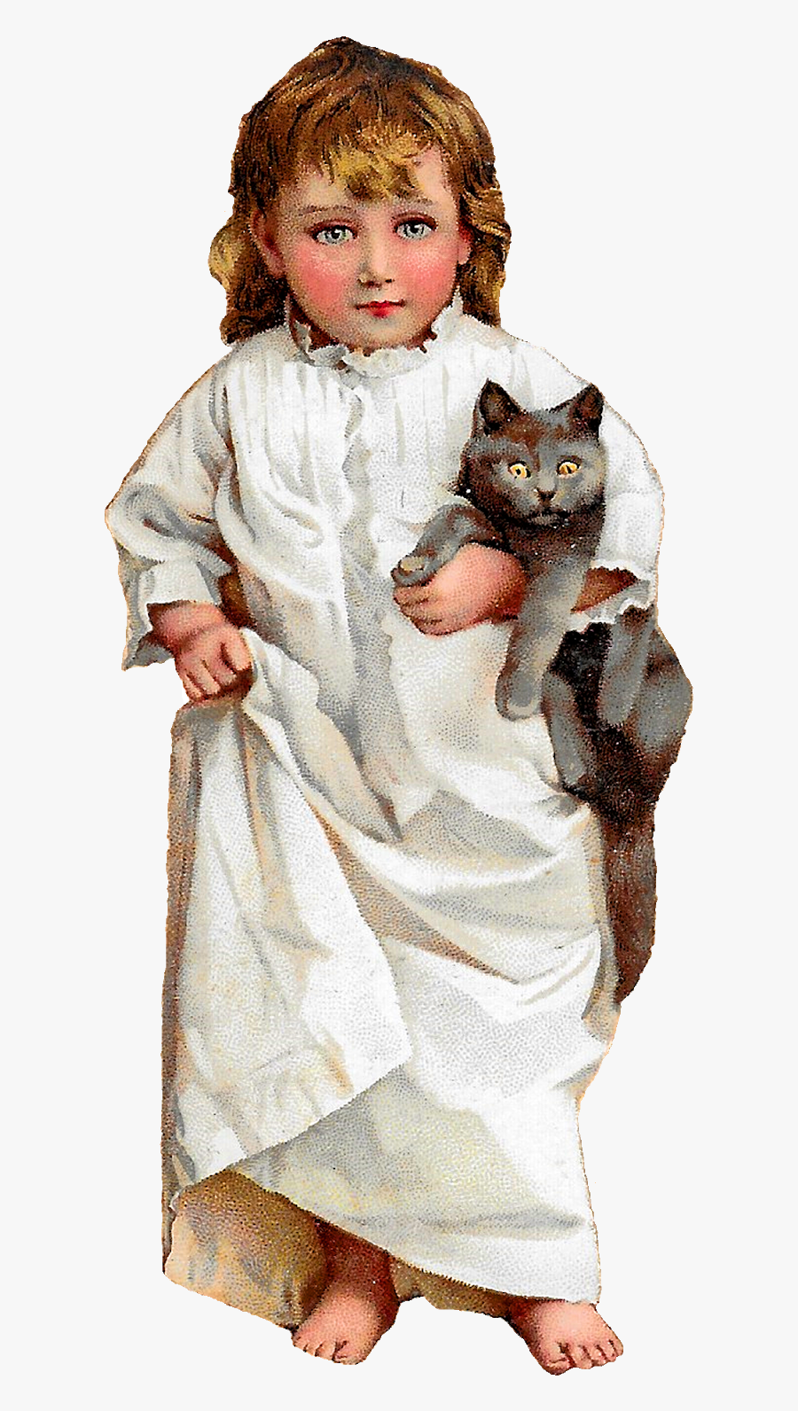 Cat Girl Bedtime Image Pajamas Clipart Antique Illustration - Girl And Cat Clipart Png, Transparent Clipart