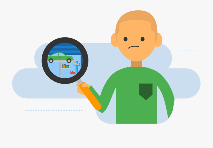 Man With Magnifying Glass Over Service Center - Cartoon, Transparent Clipart