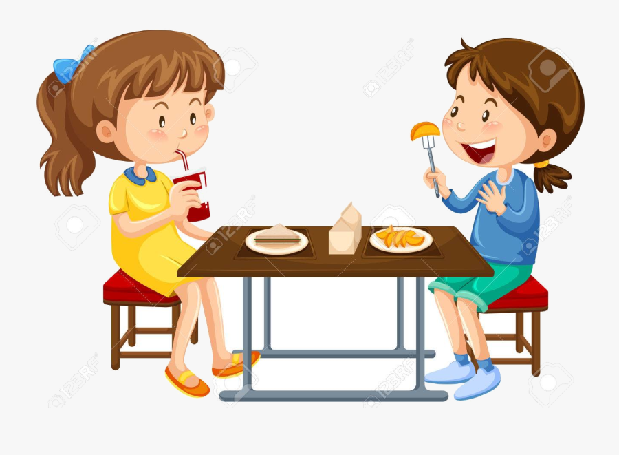 Eating Two Girls On Picnic Table Illustration Royalty - Have Lunch Cartoon, Transparent Clipart