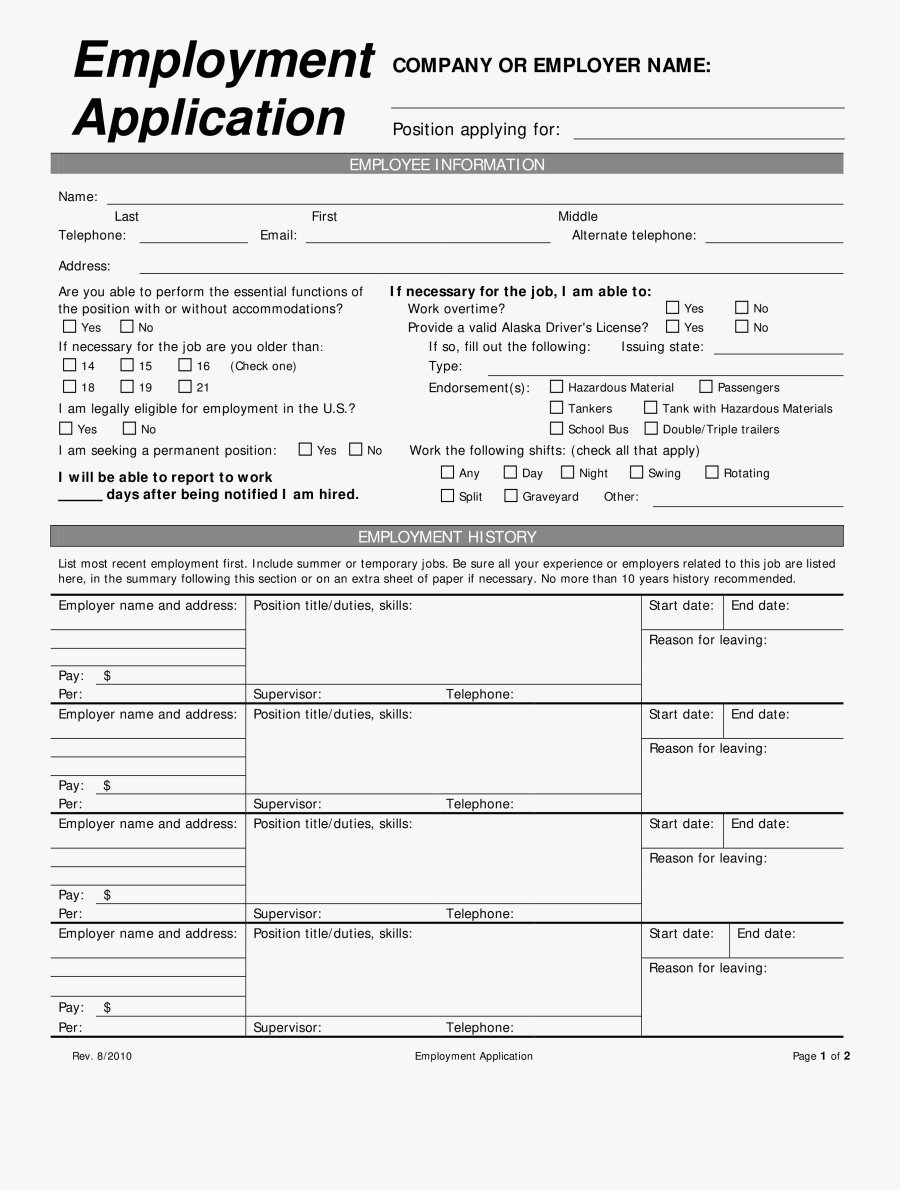Clip Art Free Form Example At - Printable Standard Employment Application, Transparent Clipart