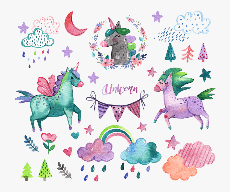 Unicorn Clipart Bundle - Watercolor Unicorn Element, Transparent Clipart